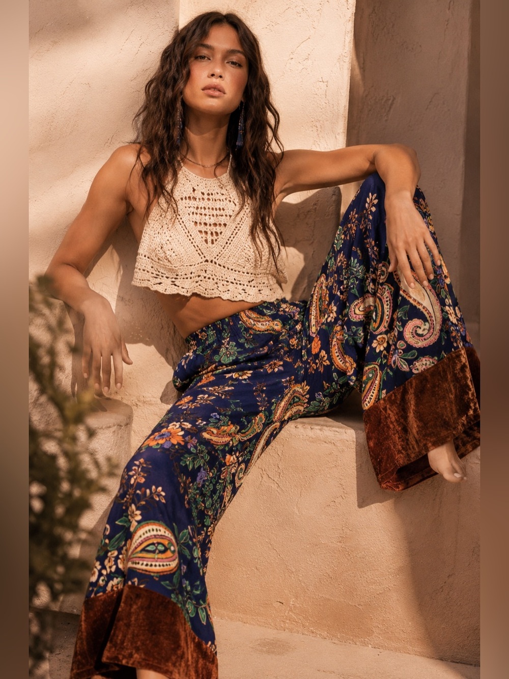 Umgee Paisley Boho Wide Leg Pants Velvet Trim Festival Fall Medium